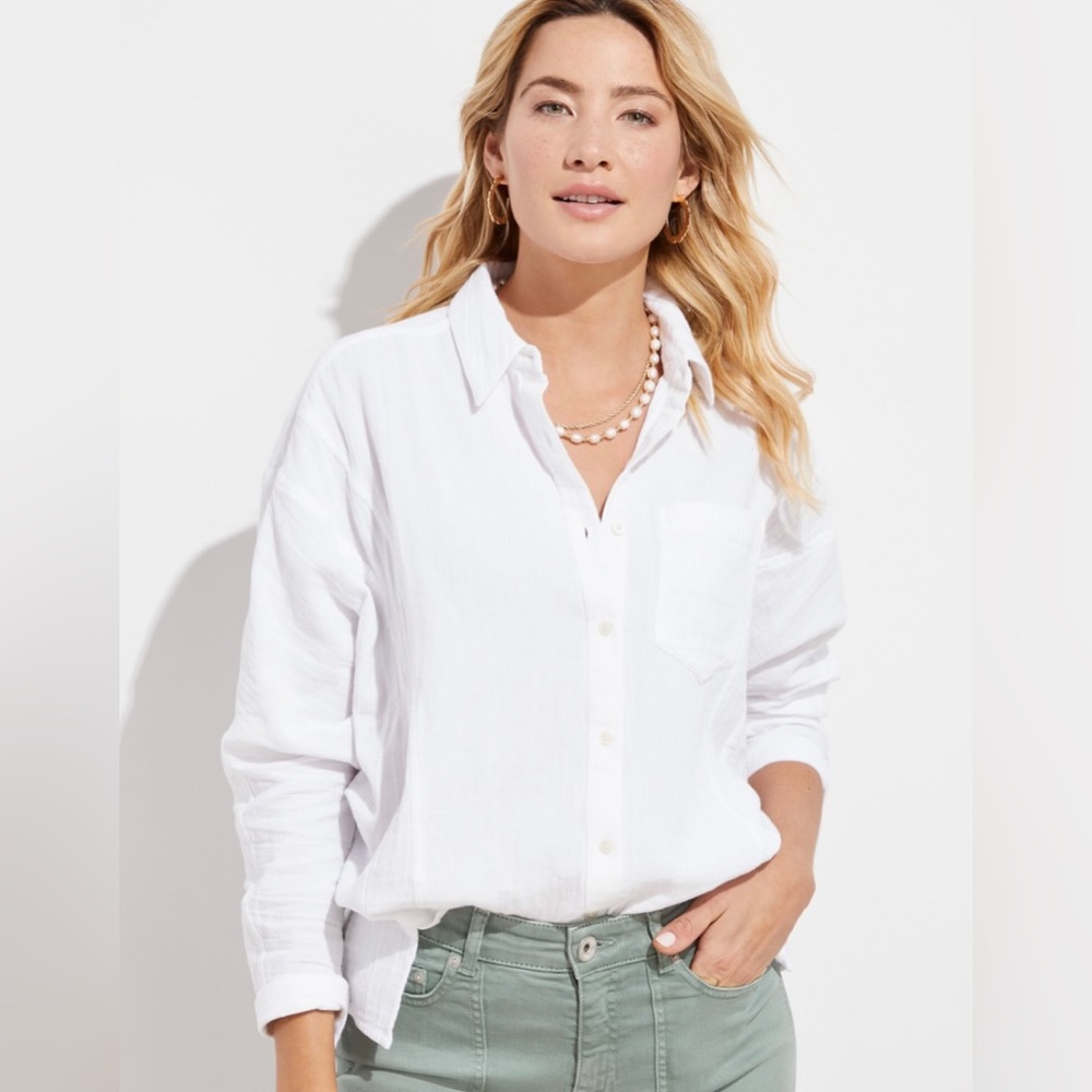 Gauze weekend button down white long sleeve shirt